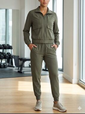 Women's Olive Green Zip-Front Jogger Set